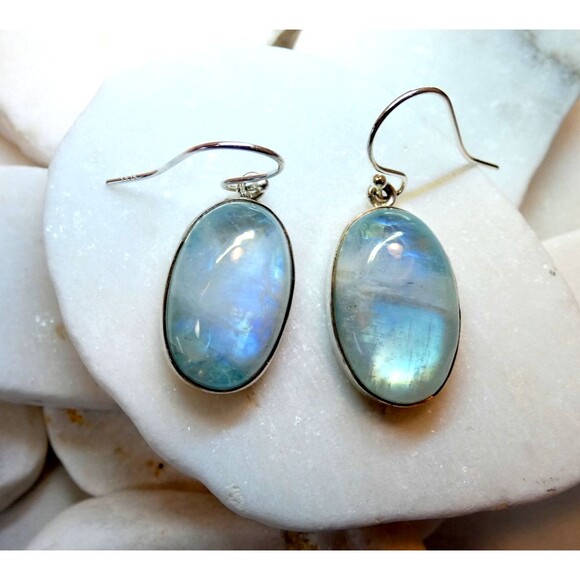 Natural Green Rainbow Moonstone Sterling Silver Earrings Handmade Healing - Picture 1 of 5